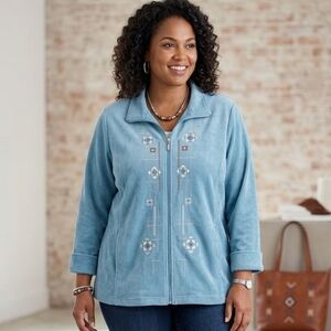 Vintage Alia Light Blue Western Corduroy Embroidered Zip-Front Spring Jacket XXL